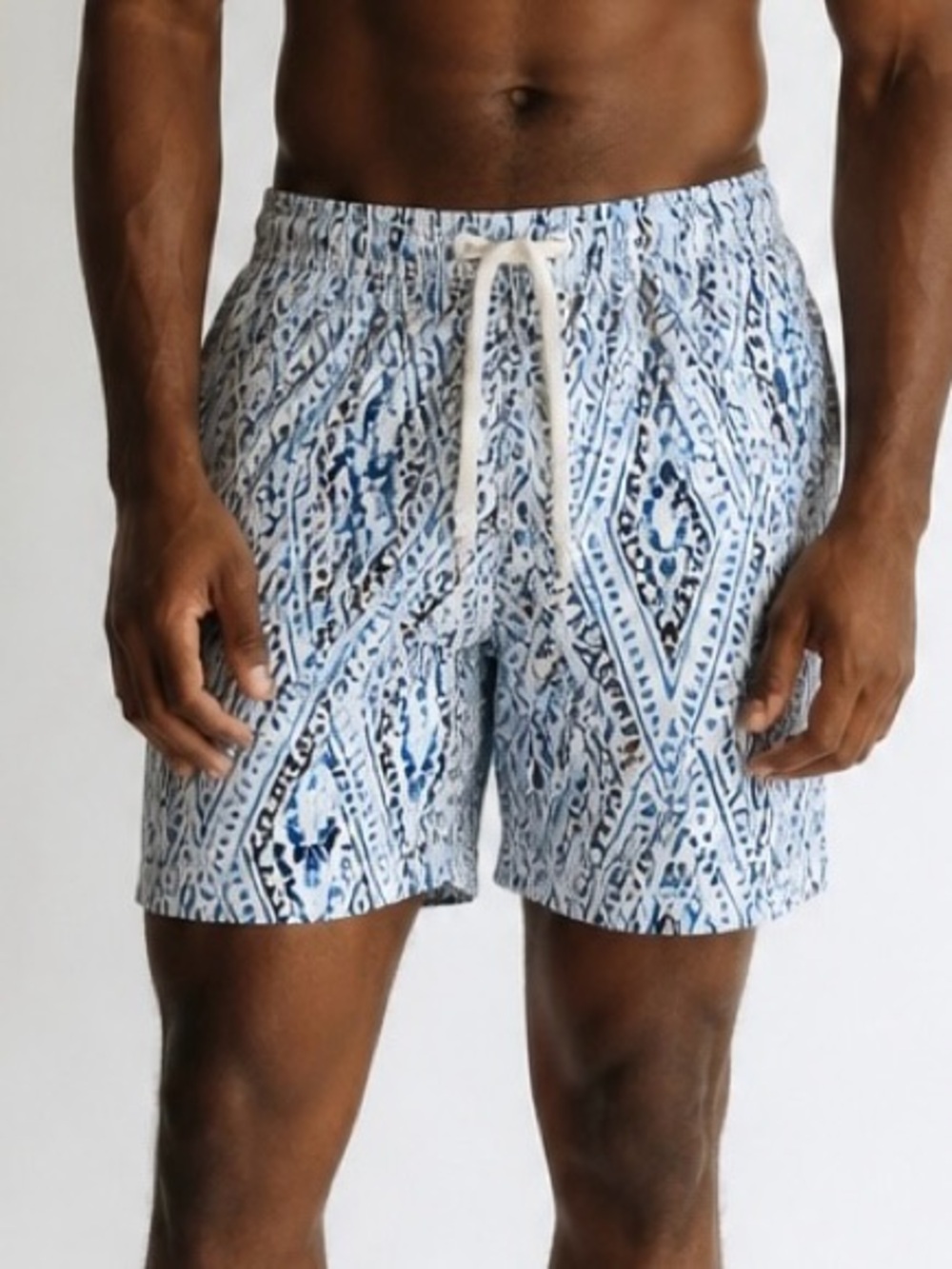 Men's Light Blue Printed Swim Trunks with Drawstring